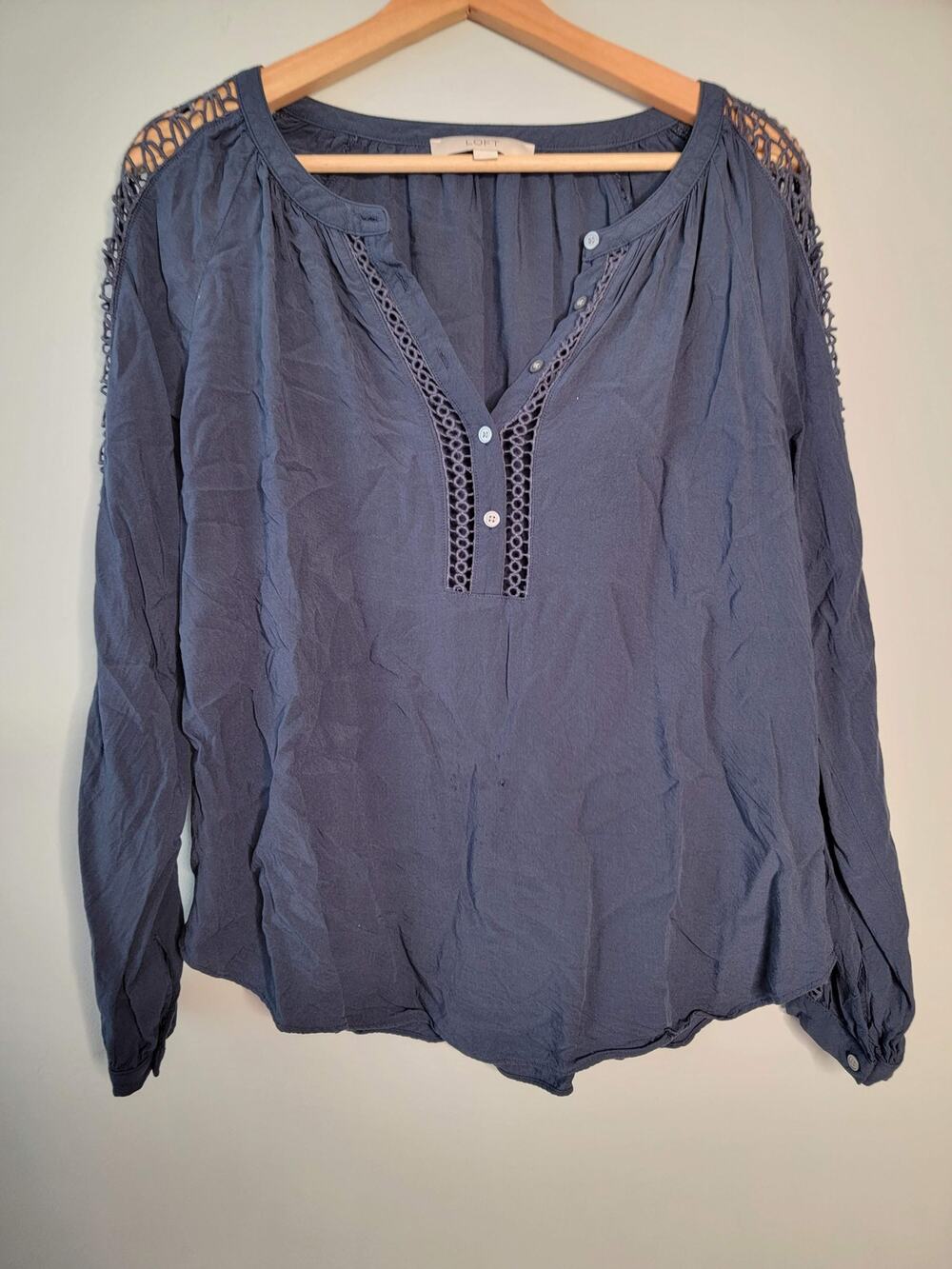 LOFT Navy Blue Long Sleeve Blouse with Lace Detail